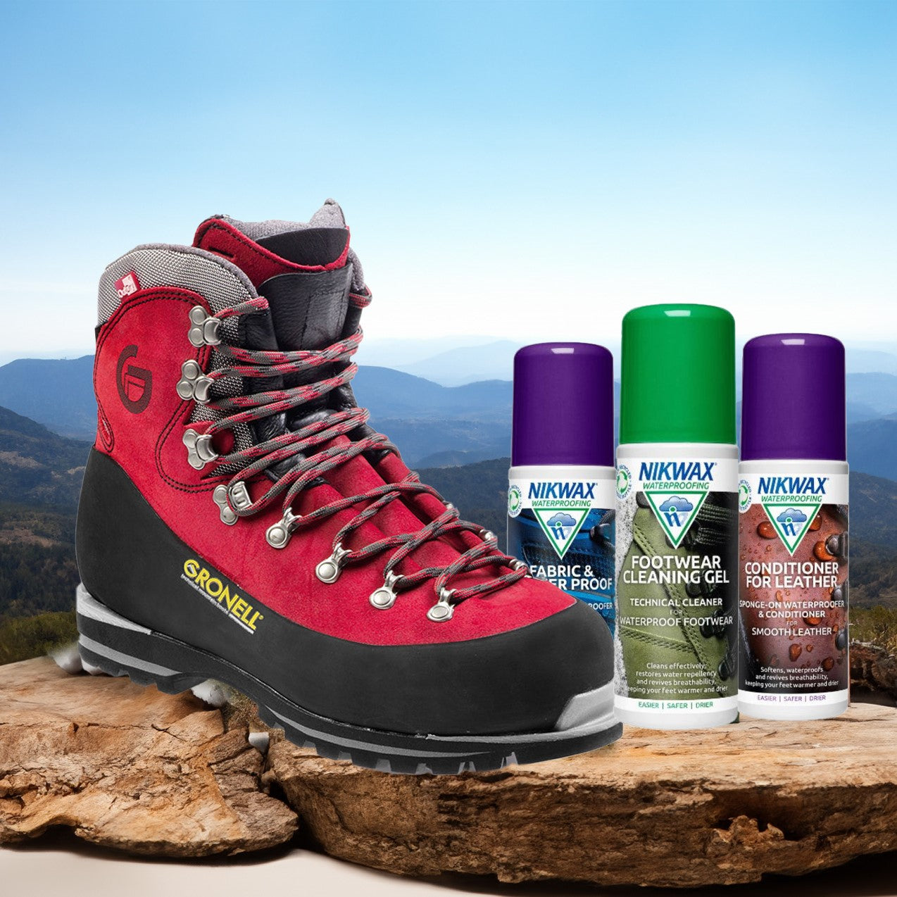 Nikwax 125ml Fabric & Leather Proof, 125ml Footwear Cleaning Gel, 125ml Conditioner for Leather. Shown with Annapurna boot (not included) | Ships Within New Zealand